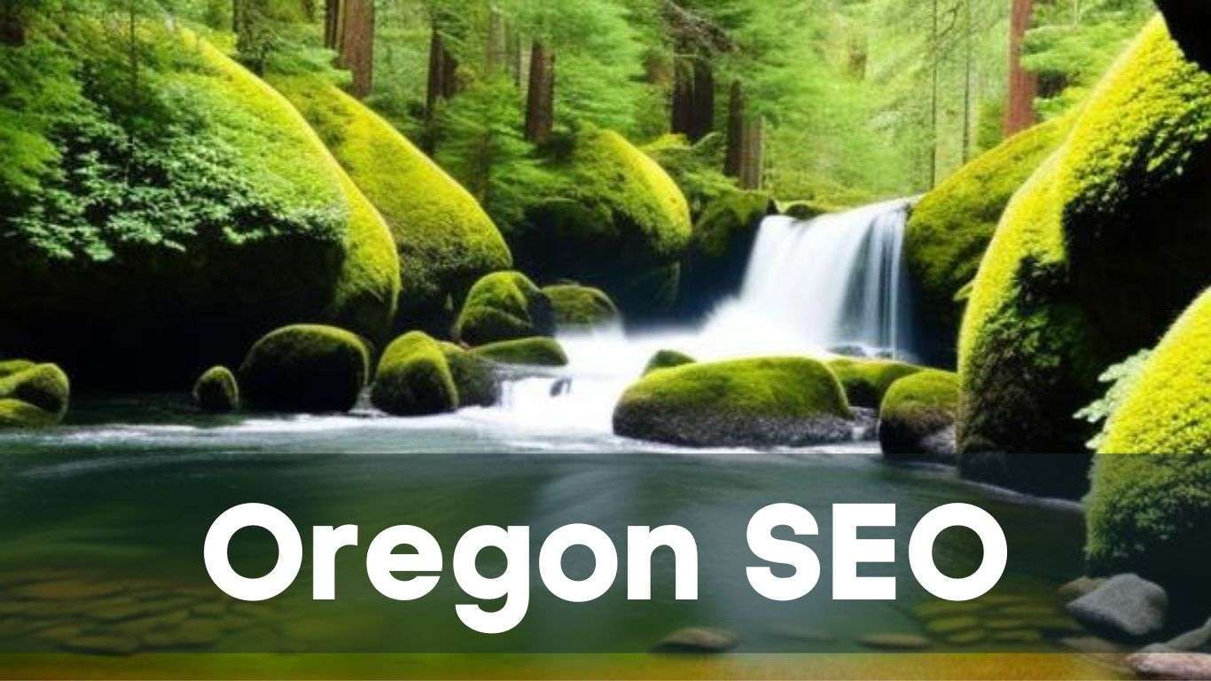 waterfall surrounded by trees with Oregon SEO words on it.