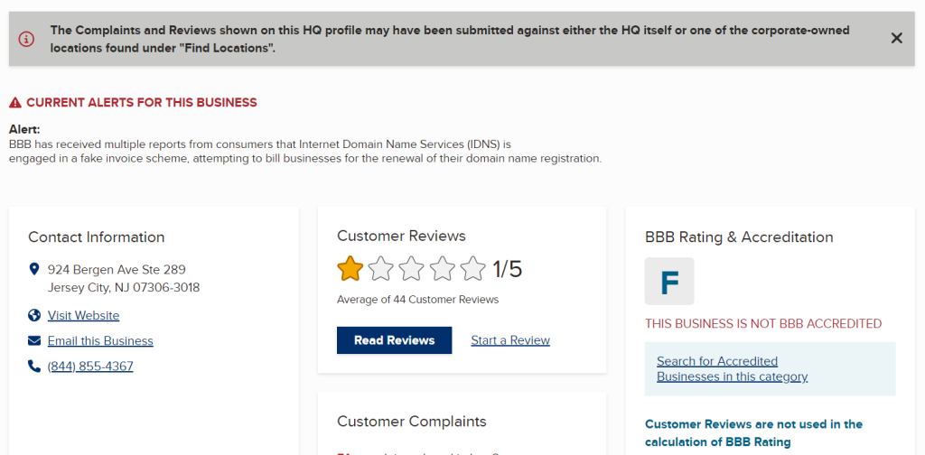 BBB urgent warning against Domain Name Services