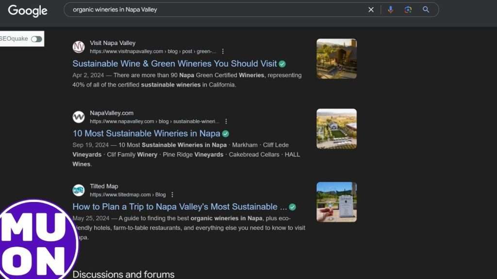 first page of google for organic wineries in Napa Valley