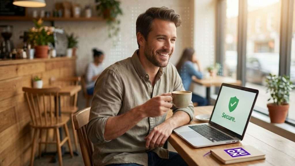 A man smiles while holding a coffee cup and looking at a laptop screen displaying a shield icon and the word Secure.