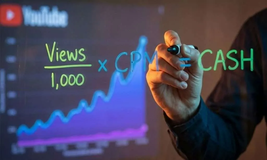 A formula is written on a screen showing YouTube logo and a graph Views divided by 1000 multiplied by CPM equals CASH.