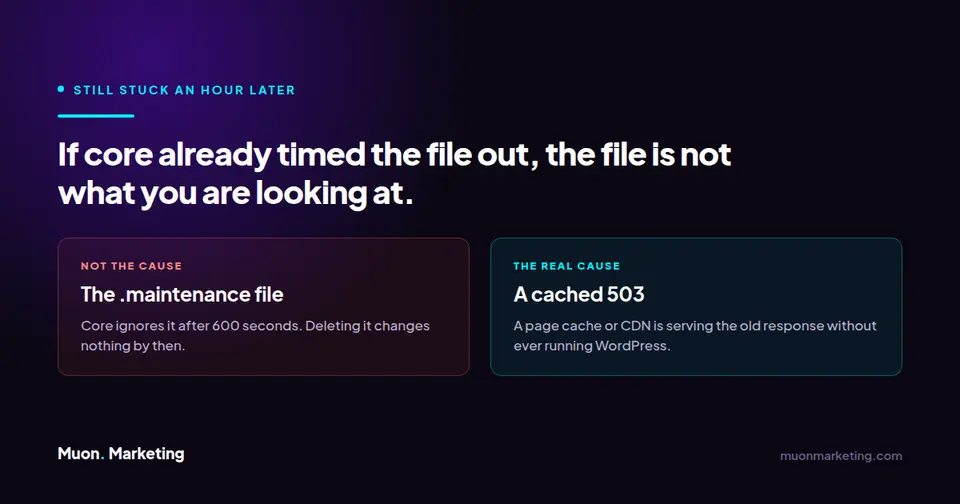 Comparison showing that a site still stuck after an hour is usually serving a cached 503 rather than still reading the .maintenance file