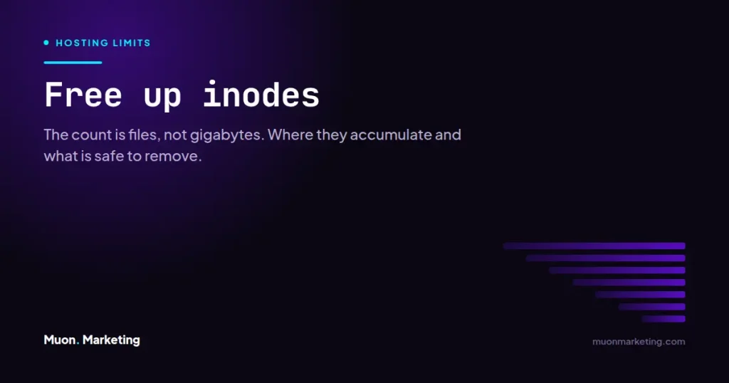 Free up inodes. The count is files, not gigabytes. Where they accumulate and what is safe to remove.