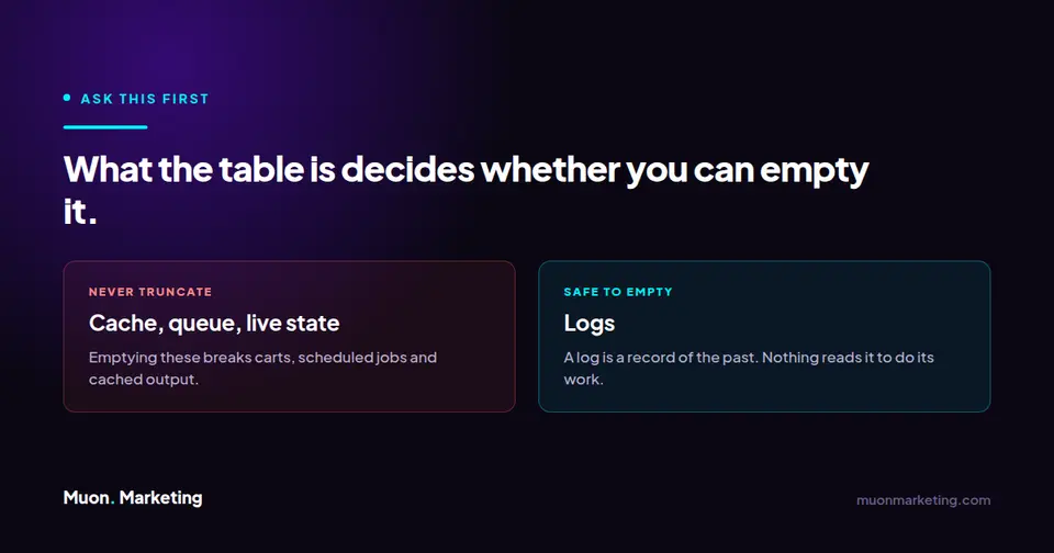 Comparison showing logs are safe to empty while caches, queues and live state must not be truncated