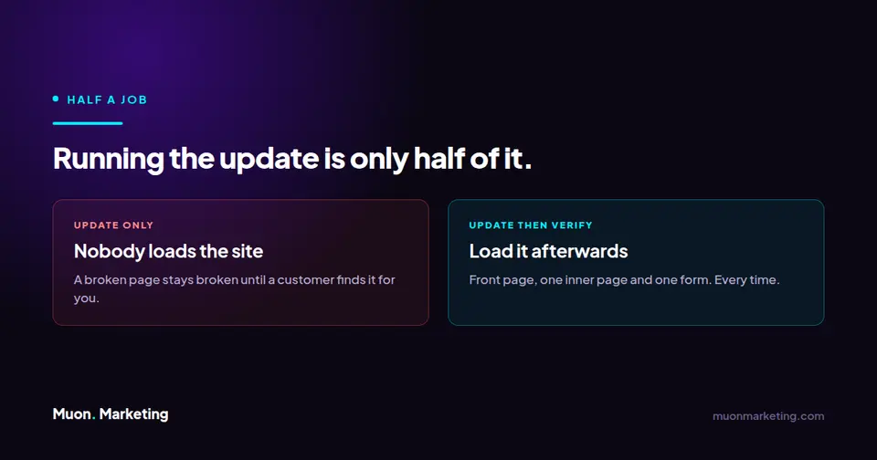 Comparison showing that running updates without loading the site afterwards leaves broken pages undetected