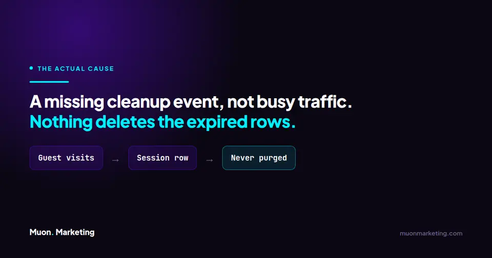 Diagram showing guest visits creating session rows that are never purged when the woocommerce_cleanup_sessions event is missing