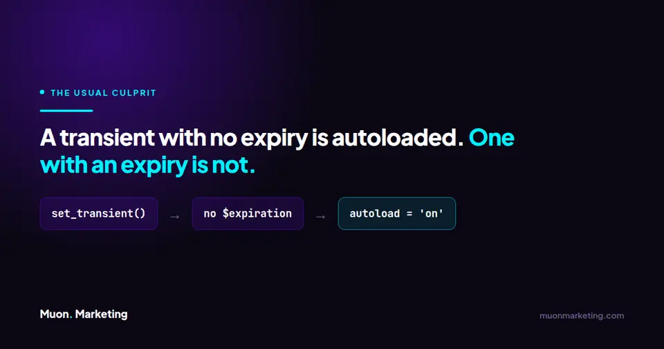 Diagram showing that a transient saved with no expiration is stored with autoload set to on, while a transient with an expiration is not autoloaded