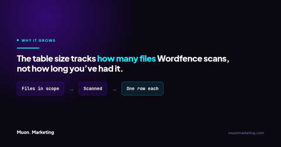 Diagram showing the wp_wffilemods table size tracks how many files Wordfence scans, with one row recorded per file