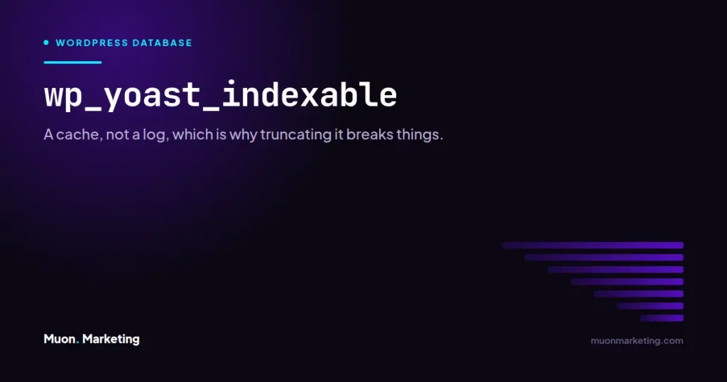 wp_yoast_indexable. A cache, not a log, which is why truncating it breaks things.