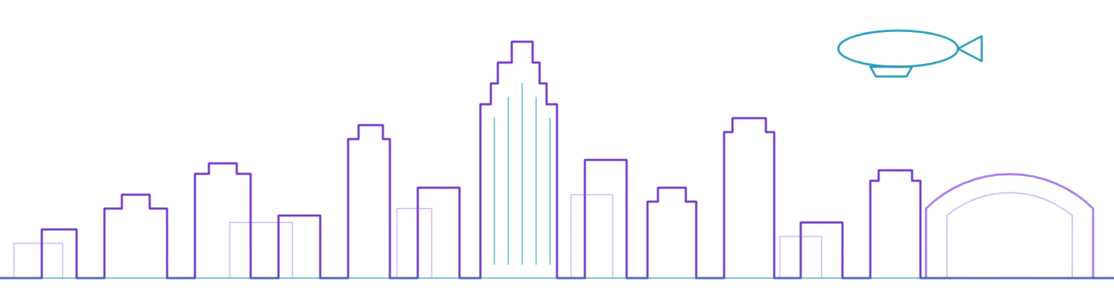 Stylized outline of the Akron, Ohio skyline with the Goodyear Airdock and a blimp, purple line art